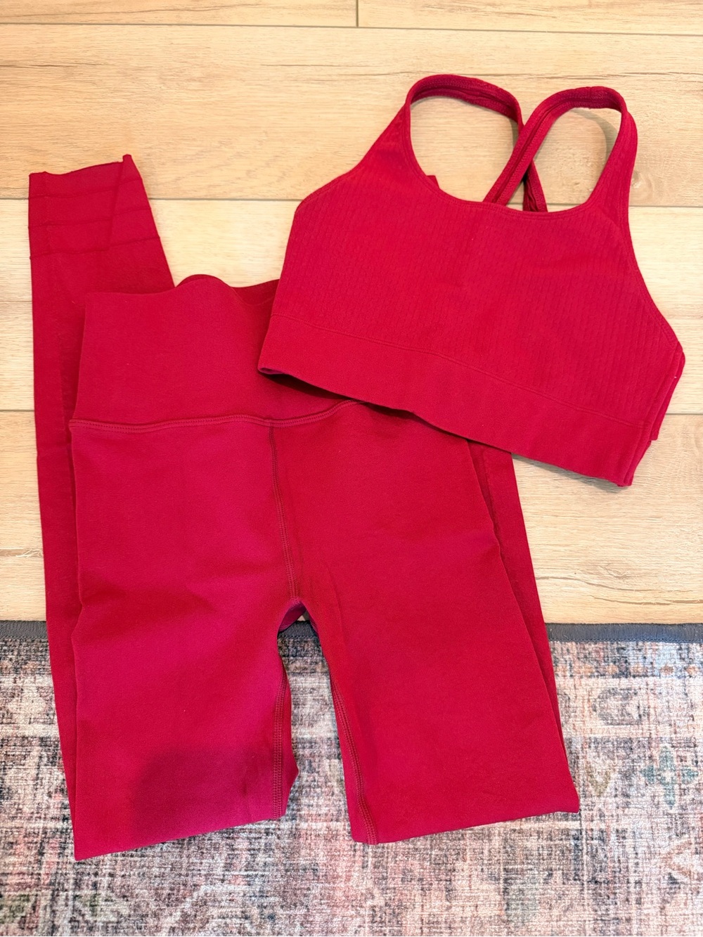 Fabletics Red Leggings and Sports Bra Workout Set
